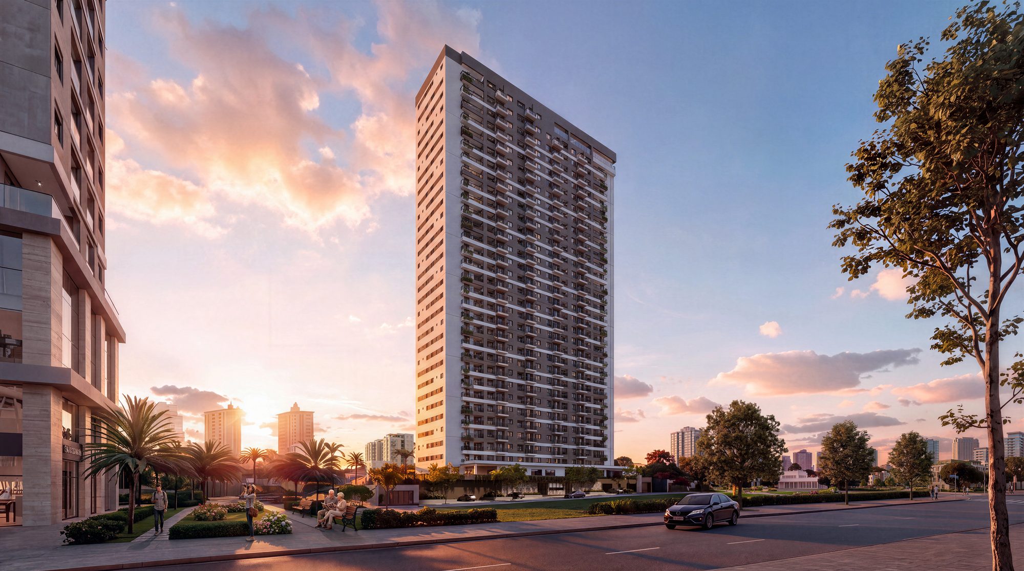 Torre do FR. Atlant vista de longe ao entardecer, no Jardim Atlântico, Goiânia (imagem ilustrativa)