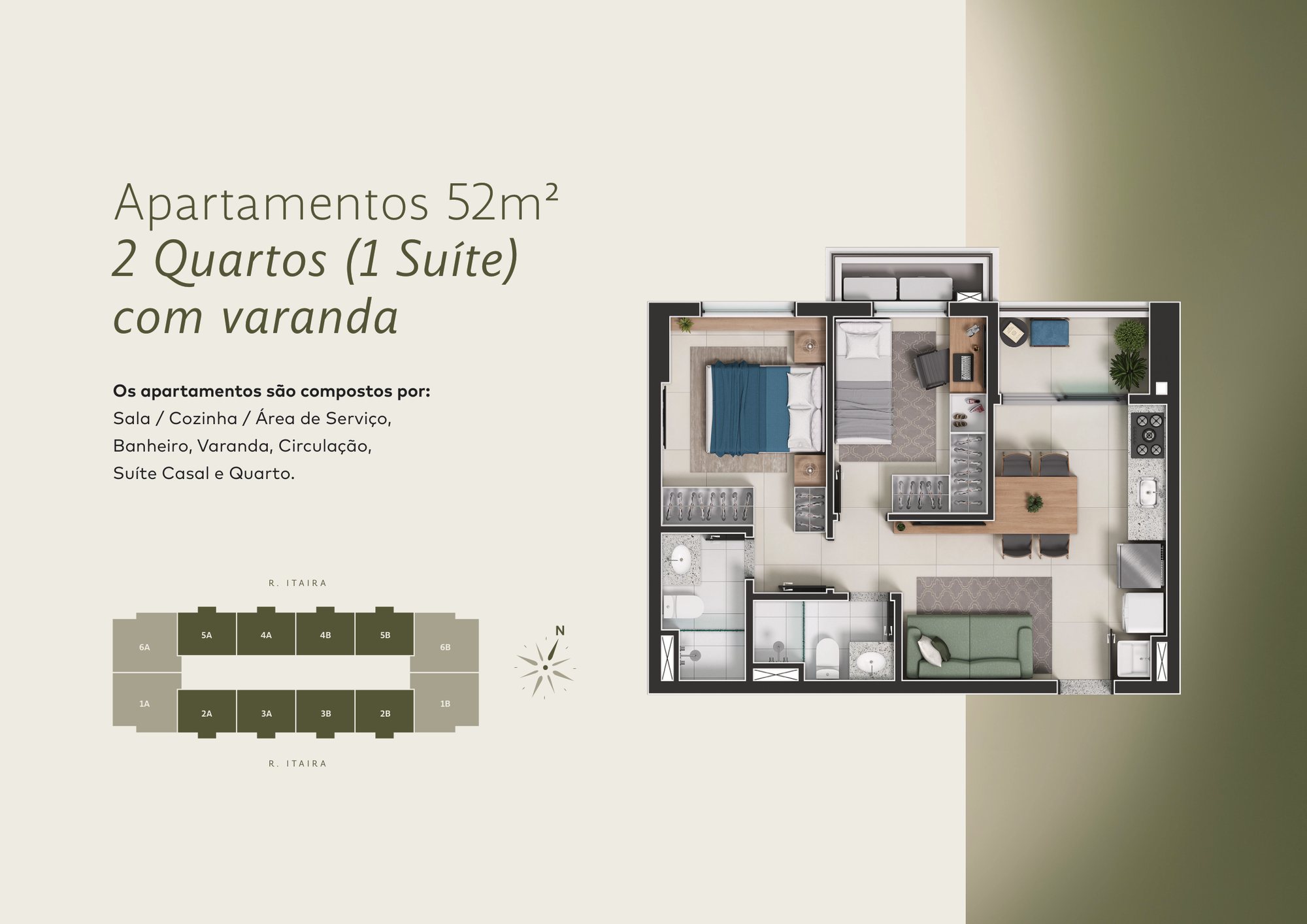 Planta do apartamento de 52 m², 2 quartos com 1 suíte e varanda, FR. Atlant