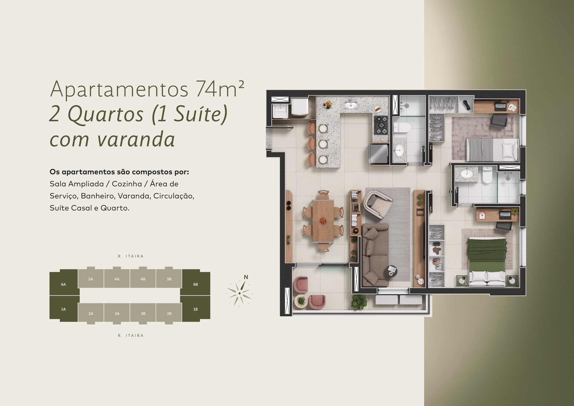 Planta do apartamento de 74 m², 2 quartos com sala ampliada, FR. Atlant
