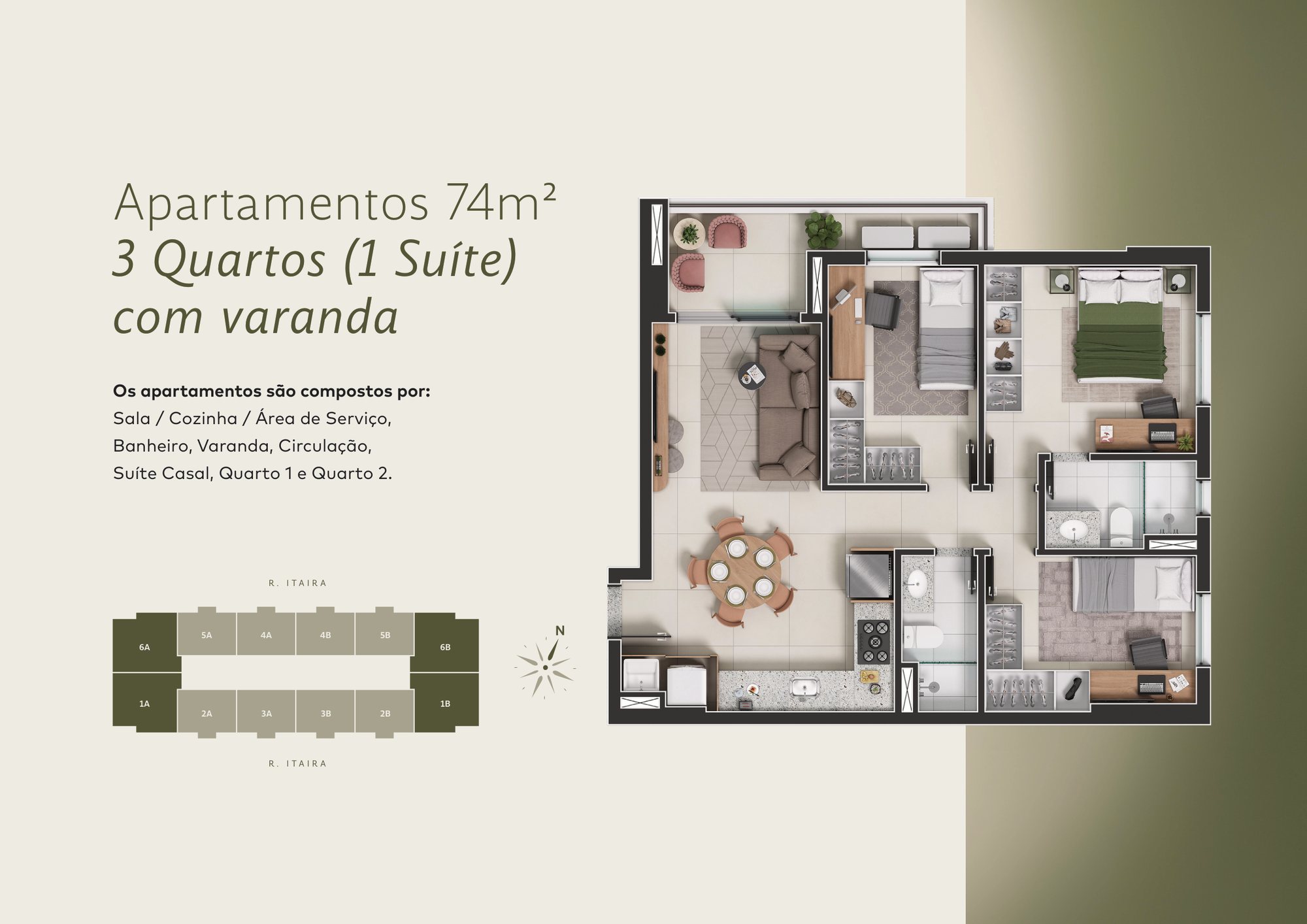 Planta do apartamento de 74 m², 3 quartos com 1 suíte e varanda, FR. Atlant