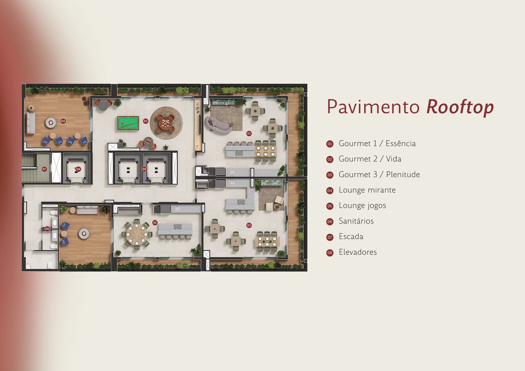 Planta do rooftop do FR. Atlant: três gourmets, lounge mirante e sala de jogos