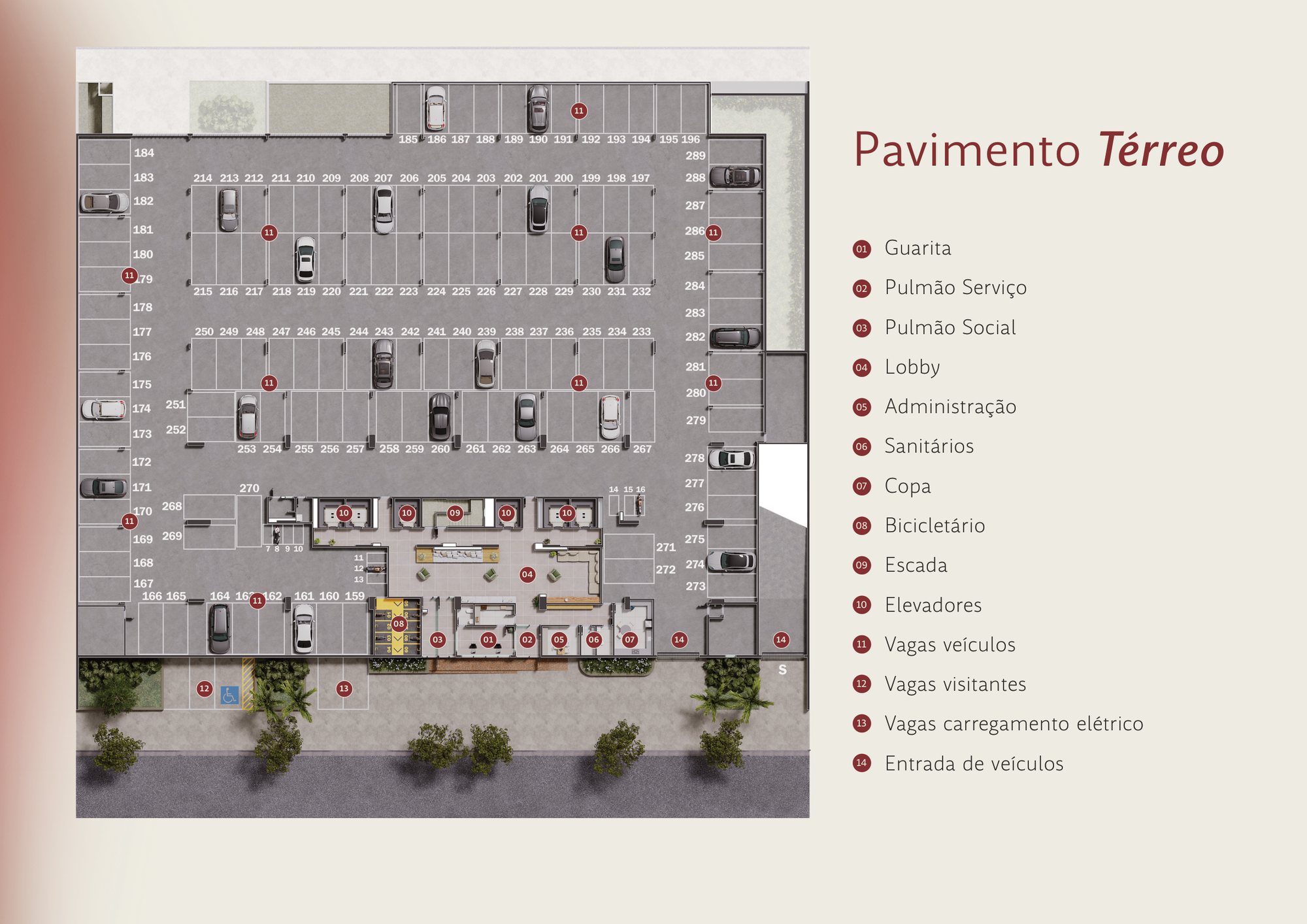 Planta do pavimento térreo do FR. Atlant: guarita, lobby, bicicletário e vagas