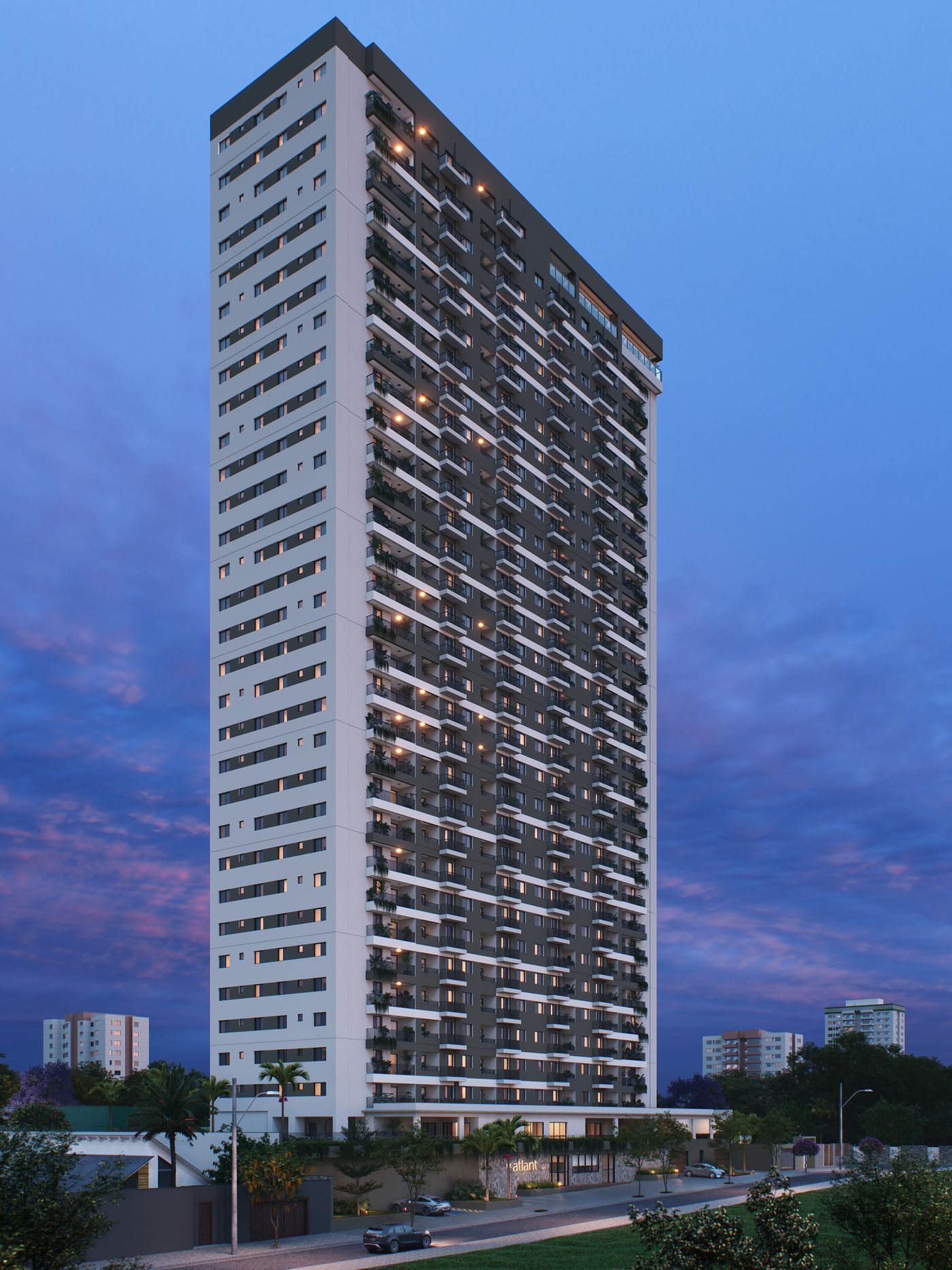 Torre do FR. Atlant vista de baixo ao entardecer (imagem ilustrativa)